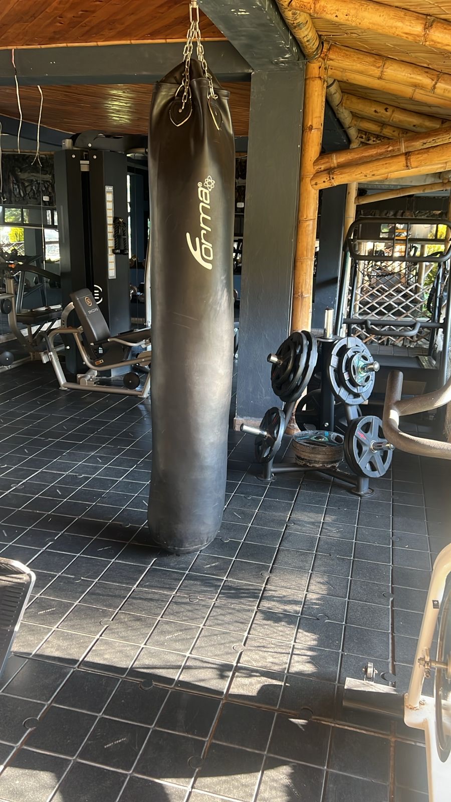 Heavy bag under the bamboo roof